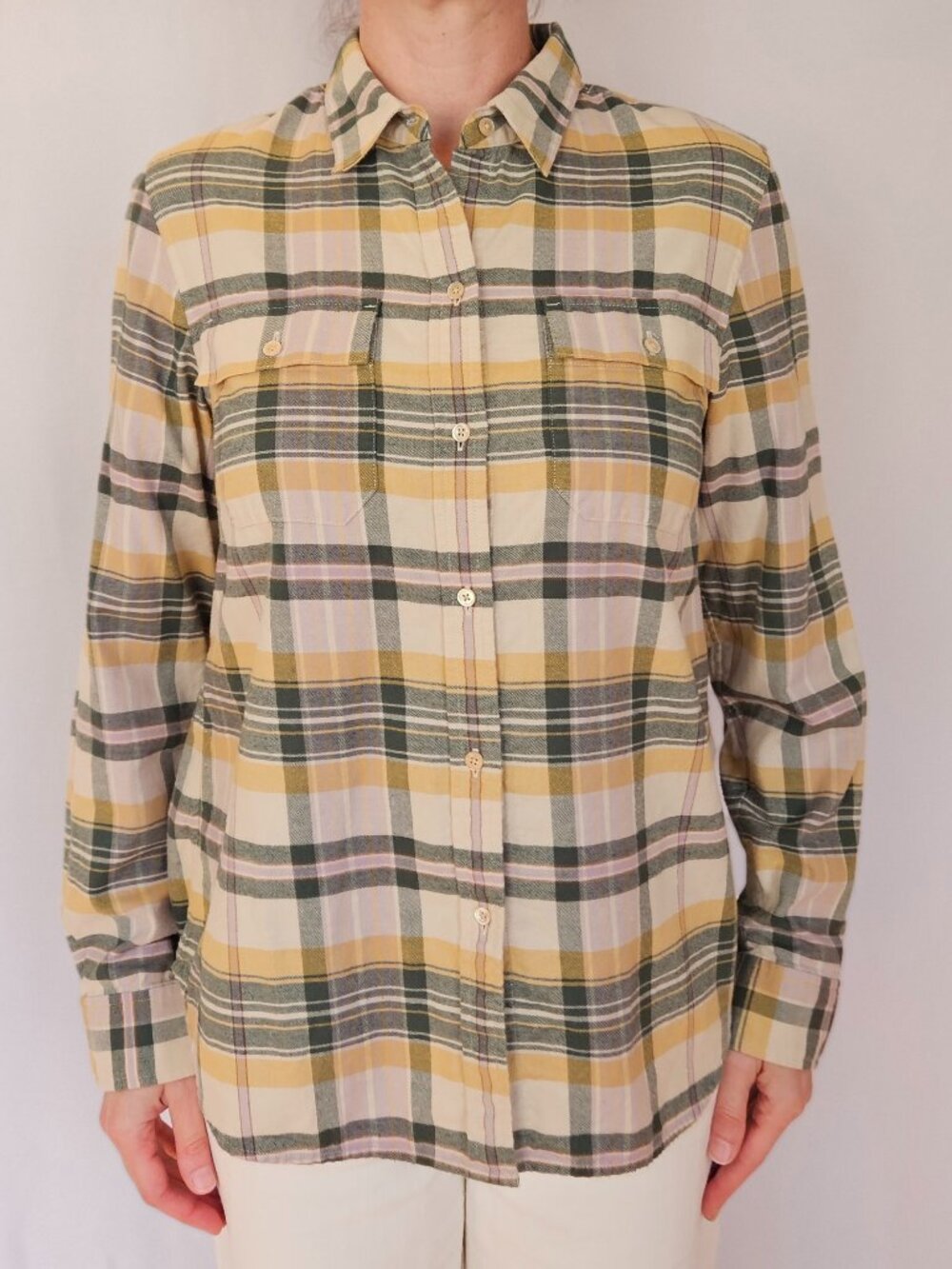 L.L. Bean Signature Cotton Flannel Shirt Medium Green Yellow Plaid